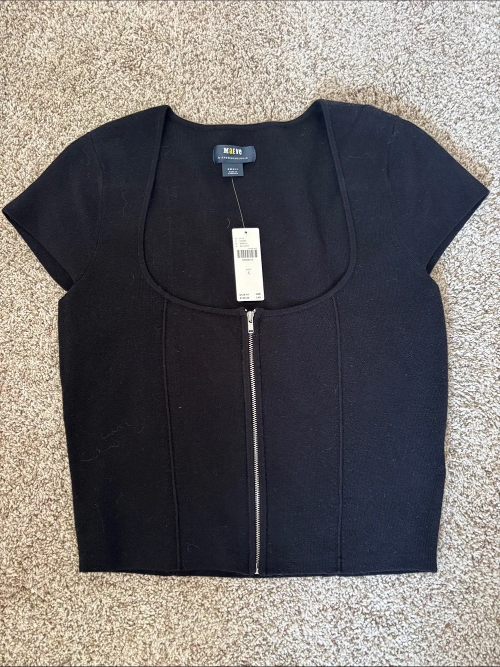 NWT Maeve Black Zip-Front Short Sleeve Top - Picture 2 of 6